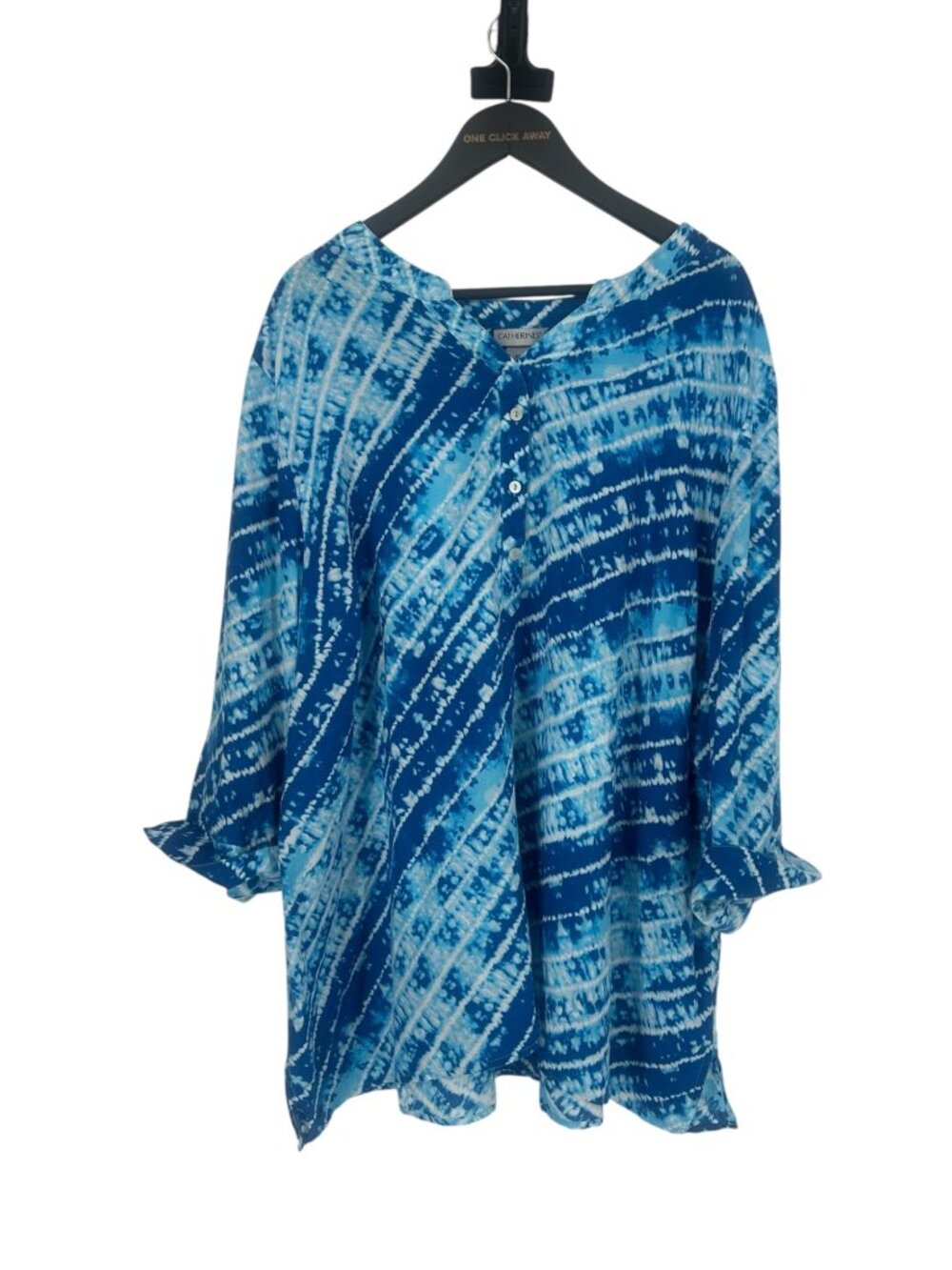 Catherines Tunic Top 3X 26W 28W Blue Tie Dye Linen Cotton Roll Tab Linen Blouse